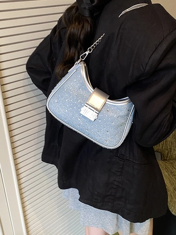 Borsa Sottobraccio in Denim con Strass da Donna Borsa a Tracolla a Mezzaluna con Catena Elegante Borsa Hobo Piccola per Feste