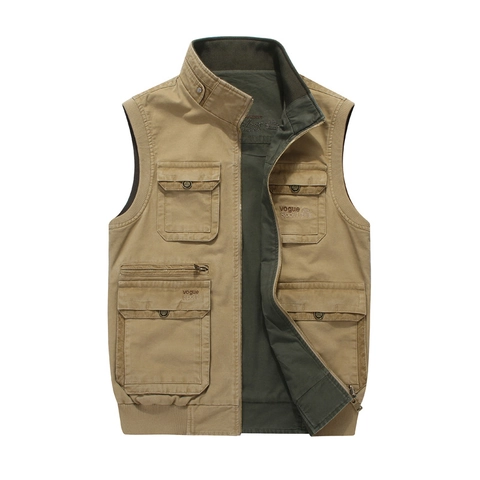 Gilet de Plein Air pour Hommes à Poches Multiples Réversible Mélange de Coton Décontracté Photographie Pêche Gilet Col Montant Couleur Unie