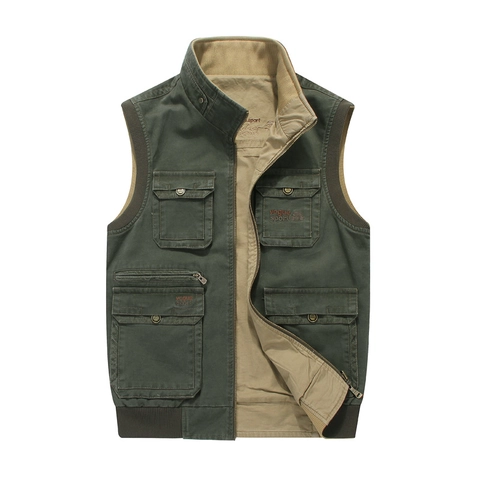 Gilet de Plein Air pour Hommes à Poches Multiples Réversible Mélange de Coton Décontracté Photographie Pêche Gilet Col Montant Couleur Unie