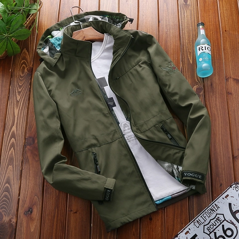 Men's Outdoor Hooded Jacket Windproof Quick Dry Casual Coat Stand Collar Zipper Outerwear Solid Color Long Sleeve Jacket