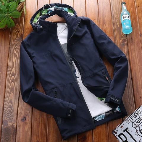 Men's Outdoor Hooded Jacket Windproof Quick Dry Casual Coat Stand Collar Zipper Outerwear Solid Color Long Sleeve Jacket