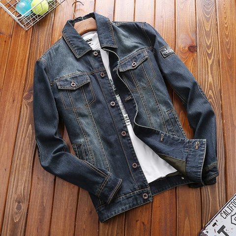 Heren Vintage Denim Jas Casual Effen Kleur Gewassen Katoen Denim Mantel Met Multi Zakken En Borduursel Retro Workwear Outerwear