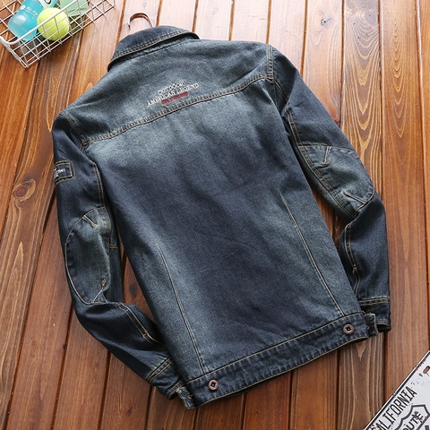 Heren Vintage Denim Jas Casual Effen Kleur Gewassen Katoen Denim Mantel Met Multi Zakken En Borduursel Retro Workwear Outerwear