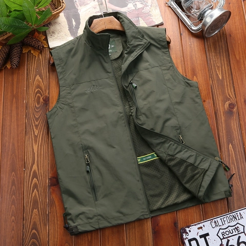 Gilet de Pêche et de Photographie en Plein Air pour Hommes Col Montant Multi-poches en Lin Veste d'Automne Grande Taille