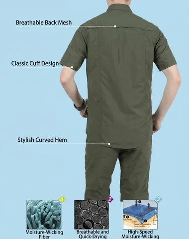 Camisa de Trabajo al Aire Libre de Manga Corta para Hombre Secado Rápido Transpirable Impermeabile de Lino Top Casual Color Sólido
