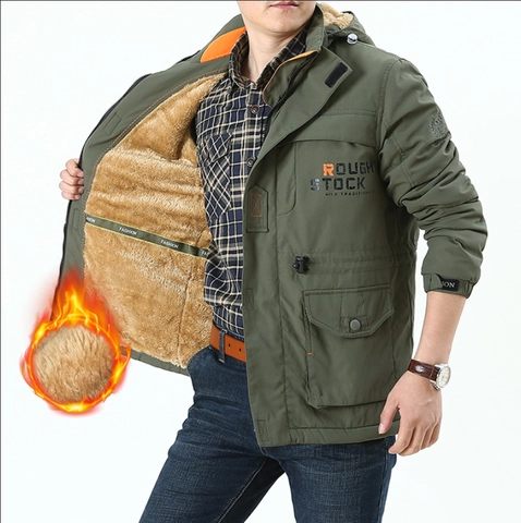 Ανδρικό Outdoor Fleece Jacket με Κουκούλα Αντιανεμικό Αδιάβροχο Πολλαπλές Τσέπες Ζεστό Casual Cargo Παλτό από Νάιλον