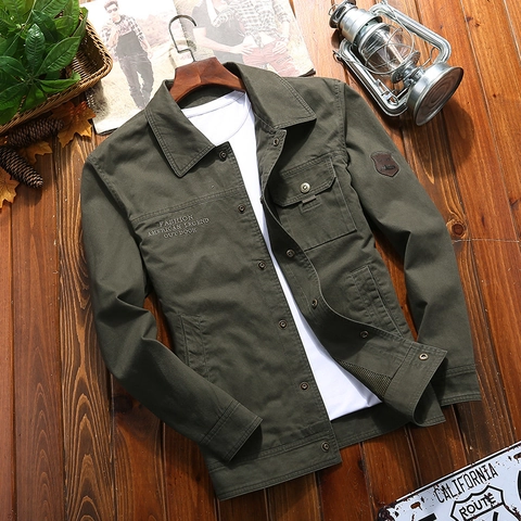 Giacca Cargo da Uomo in Cotone Vintage Stile Militare Americano Ricamata Tasche Multiple Bavero Casual Outdoor Antivento