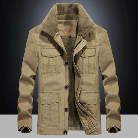 Men's Winter Thickened Cotton Padded Jacket With Sherpa Collar Cargo Style Multi Pockets Fleece Lined Warm Outerwear Coat