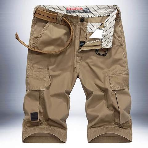 Men's Casual Cotton Cargo Shorts With Woven Belt Summer Multi Pocket Solid Color Relaxed Fit Knee Length Outdoor Work Shorts