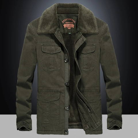 Men's Winter Thickened Cotton Padded Jacket With Sherpa Collar Cargo Style Multi Pockets Fleece Lined Warm Outerwear Coat
