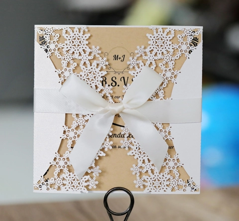 Laserschnitt Schneeflocke Hochzeit Einladungskarten Set Mit Schleife Weißes Perlmuttpapier Weihnachtsfeier Grußkarten Einladungen