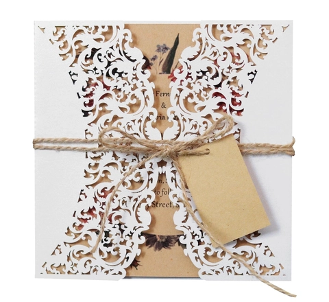 European Laser Cut Wedding Invitation Card Kraft Paper Inner Sheet Hemp Rope Blank Tag Elegant White Brown Party Card