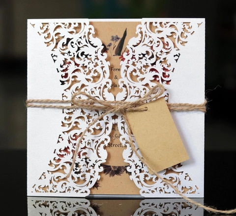 European Laser Cut Wedding Invitation Card Kraft Paper Inner Sheet Hemp Rope Blank Tag Elegant White Brown Party Card