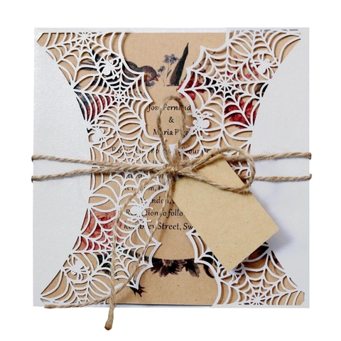 Laser Gesneden Spinnenweb Halloween Uitnodiging Set Parelmoer Papier Kraft Binnenpagina Vintage Wenskaart Voor Feest Bruiloft