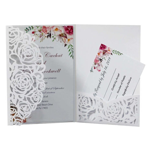 Laser Cut Rose Wedding Invitation Cards Pearlescent Paper Floral Printed Romantic Invitation Set For Engagement Party Anniversary Celebration