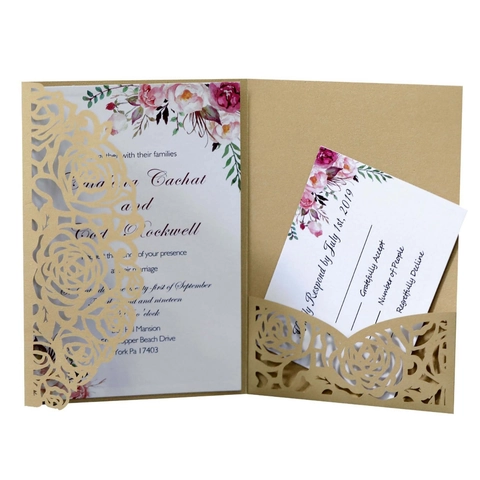 Laser Cut Rose Wedding Invitation Cards Pearlescent Paper Floral Printed Romantic Invitation Set For Engagement Party Anniversary Celebration