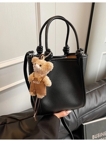 Borsa a Secchiello in Pelle PU Casual da Donna Con Manico Annodato e Ciondolo a Orsetto Borsa a Tracolla Versatile per Uso Quotidiano