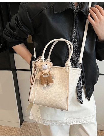 Borsa a Secchiello in Pelle PU Casual da Donna Con Manico Annodato e Ciondolo a Orsetto Borsa a Tracolla Versatile per Uso Quotidiano
