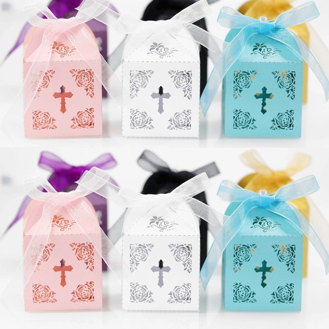 Scatola di Caramelle Taglio Laser Croce Rosa Motivo Carta Perlata Matrimonio Scatola Regalo Battesimo Con Decorazione Nastro