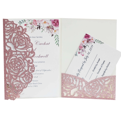 Élégant Ensemble d'Invitations de Mariage Florales à la Rose Découpe Laser Papier Perlé Pailleté Carte d'Invitation Évidée Avec Carte RSVP Et Enveloppe