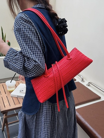 Damen Gewebte Achseltasche Minimalistische PU Leder Baguette Tasche Einfache Umhängetasche Mode Nische Handtasche Für Den Alltag