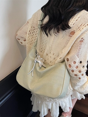 Borsa Hobo in Tela da Donna a Grande Capacità Motivo a Spina di Pesce Ciondolo a Stella Borsa a Tracolla Semplice Borsa Casual