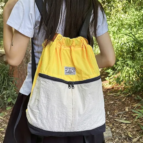 Outdoor Drawstring Backpack For Women Men Nylon Lightweight Large Capacity Color Block Casual Travel Hiking Sports School Bag
