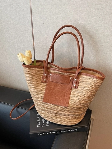 Sac Seau en Paille Tressée pour Femme à la Mode Grande Capacité Épissage en Cuir Synthétique Sac à Main Décontracté Plage