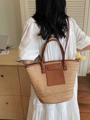 Sac Seau en Paille Tressée pour Femme à la Mode Grande Capacité Épissage en Cuir Synthétique Sac à Main Décontracté Plage