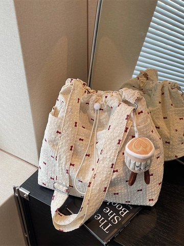 Women Casual Canvas Bucket Bag With Bowknot Print Large Capacity Drawstring Shoulder Crossbody Tote Bag Cream White Versatile Handbag For Daily
