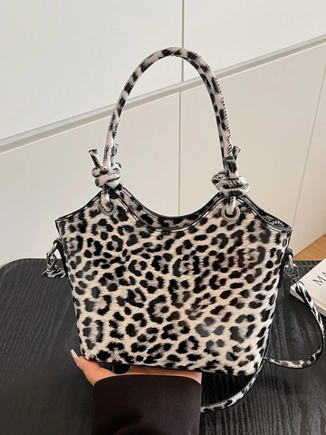 Moda Borsa a Secchiello in Pelle PU Con Stampa Leopardata Donna Tracolla Vintage Motivo Animale Con Manico a Nodo Hardware Argento
