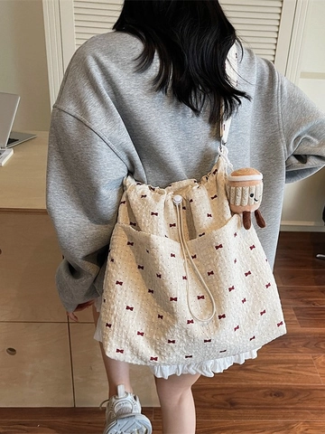 Women Casual Canvas Bucket Bag With Bowknot Print Large Capacity Drawstring Shoulder Crossbody Tote Bag Cream White Versatile Handbag For Daily