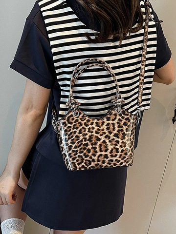 Moda Borsa a Secchiello in Pelle PU Con Stampa Leopardata Donna Tracolla Vintage Motivo Animale Con Manico a Nodo Hardware Argento