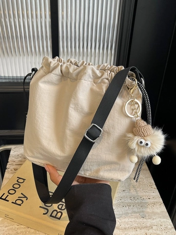 Fashion Women Mini Drawstring Bucket Bag Casual Polyester Crossbody Shoulder Bag With Monster Pendant Daily Mobile Bag