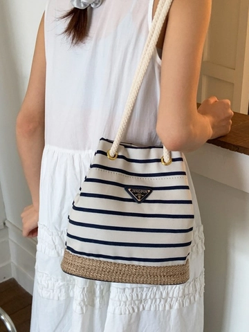 Vintage Striped Canvas Bucket Bag With Woven Straw Bottom For Women Casual Summer Vacation Shoulder Bag Rope Handle Handbag