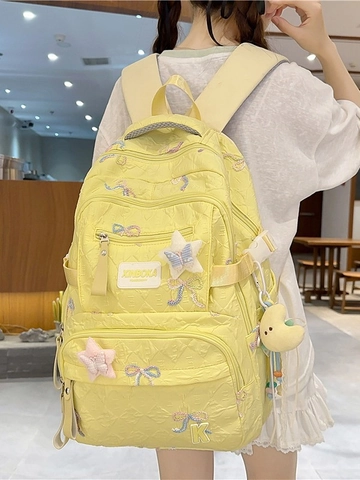 Quilted Nylon Fashion Backpack For Women Large Capacity School Bag With Cute Embroidery Bows Star Patches And Pendant