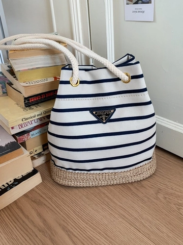 Vintage Striped Canvas Bucket Bag With Woven Straw Bottom For Women Casual Summer Vacation Shoulder Bag Rope Handle Handbag