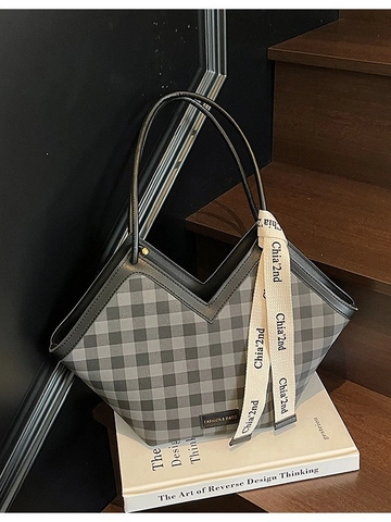 Mode Karo PU Leder Tote Bag Für Damen Große Kapazität Schultertasche Mit Dekorativem Band V-Ausschnitt Pendeln腋下包