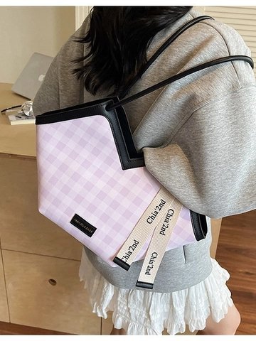 Mode Karo PU Leder Tote Bag Für Damen Große Kapazität Schultertasche Mit Dekorativem Band V-Ausschnitt Pendeln腋下包