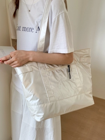 Metallic Quilted Tote Bag Large Capacity PU Leather Shoulder Bag For Women Fashion Embroidered Letter Casual Handbag