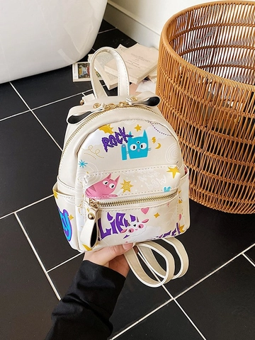 Zaino da Donna Mini in Pelle PU con Stampa Graffiti Orso Gatto Street Casual Borsa a Tracolla Piccola per Viaggio Cartone Animato Borsa Scuola