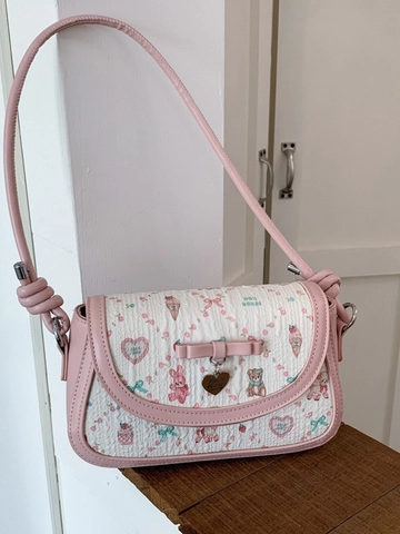 Borsa a Tracolla Rosa Dolce da Donna Con Fiocco Stampa Orso Cartone Animato Borsa Sotto l'Ascella in Pelle PU Ciondolo Cuore