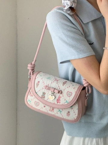 Borsa a Tracolla Rosa Dolce da Donna Con Fiocco Stampa Orso Cartone Animato Borsa Sotto l'Ascella in Pelle PU Ciondolo Cuore