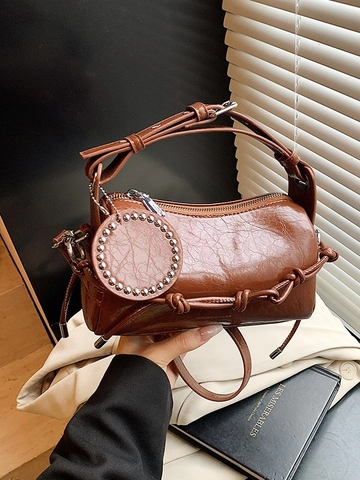 Vintage Glossy PU Leather Pillow Crossbody Bag For Women Wrinkled Knot Decor Shoulder Handbag With Rivet Mirror Pendant