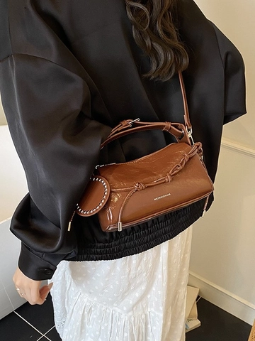 Vintage Glossy PU Leather Pillow Crossbody Bag For Women Wrinkled Knot Decor Shoulder Handbag With Rivet Mirror Pendant