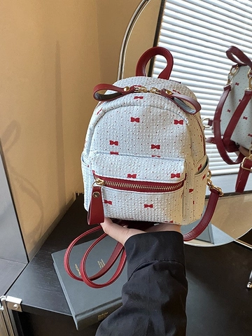 Women Sweet Mini Backpack Fashion Bow Knot Print PU Leather Rucksack Elegant Red Bow Accessory Travel Commute Daypack