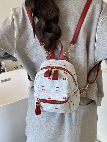 Women Sweet Mini Backpack Fashion Bow Knot Print PU Leather Rucksack Elegant Red Bow Accessory Travel Commute Daypack