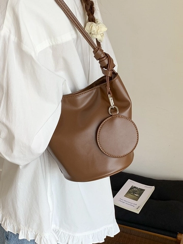 Borsa a Secchiello Casual da Donna in Pelle PU Con Borsellino Rotondo Tracolla a Nodo Borsa a Tracolla di Grande Capacità