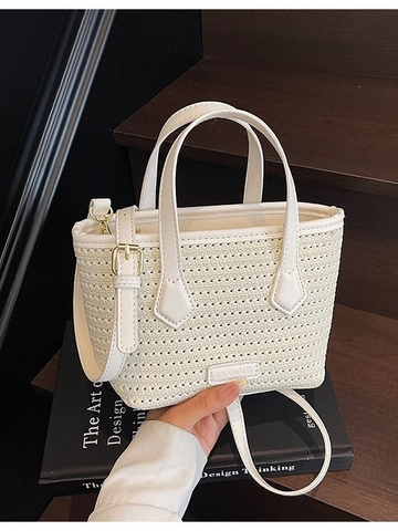 Sac Seau Tissé pour Femme Garniture en Cuir PU Bandoulière Réglable Sac à Main Bandoulière pour Vacances d'Été Voyage