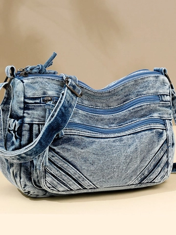 Vintage Washed Denim Multi Pocket Crossbody Bag For Women Large Capacity Casual Tote Shoulder Bag Functional Cargo Purse